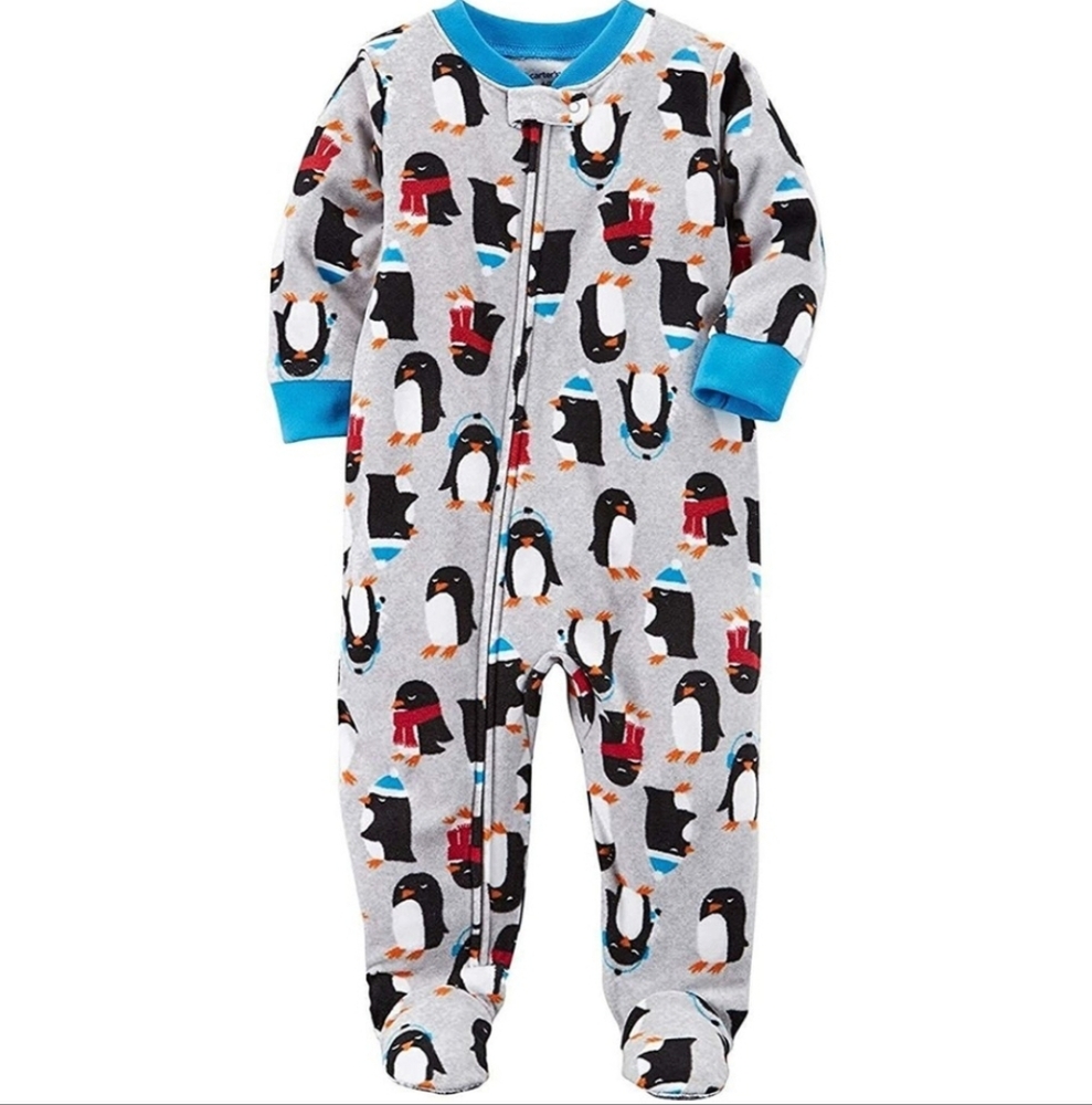 LIKE NEW Carter's Gray Penguin Fleece One Piece Zipper Footie Pajamas Size 3T
